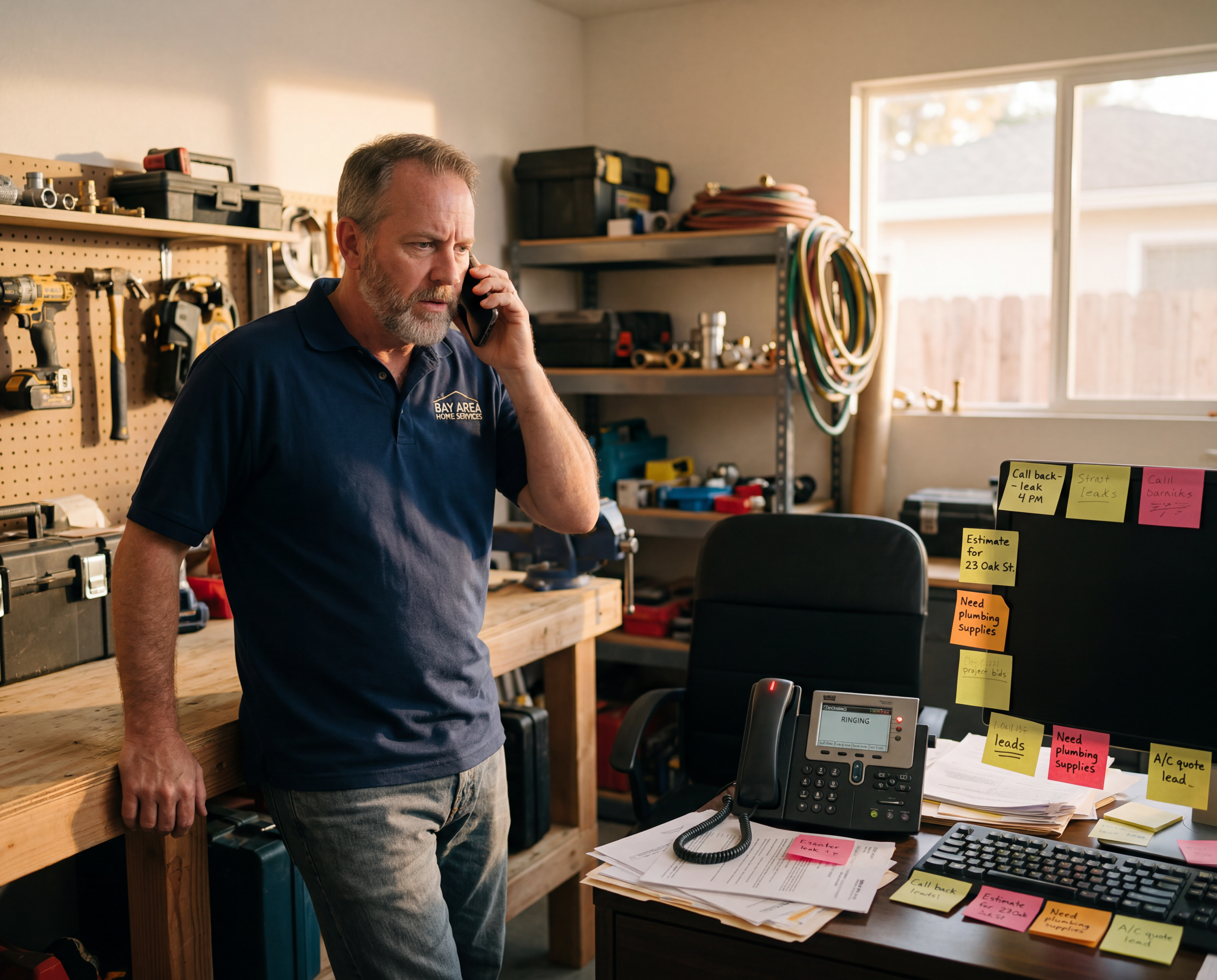 Business owner taking a customer call in his garage office
