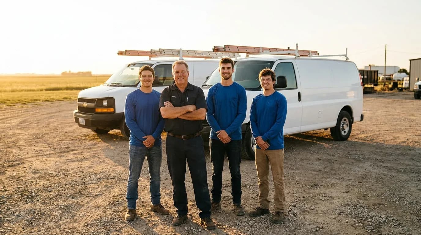 Plumbing company owner and crew in front of their service vans at golden hour