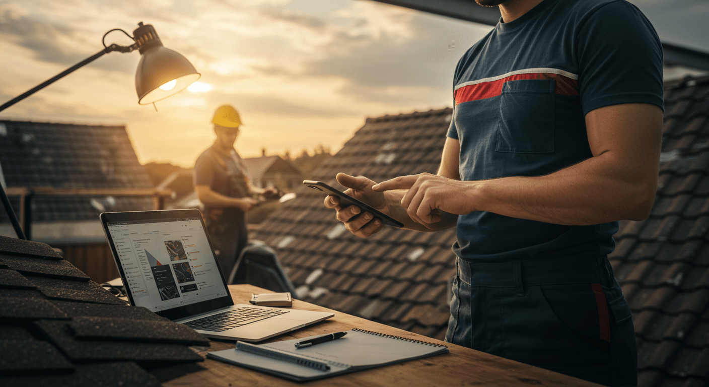 Contractor reviewing his phone from a rooftop at sunset