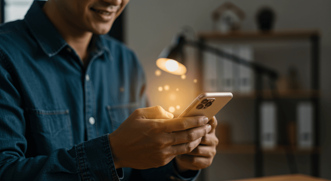 Business owner checking new lead notifications on his phone at a lamplit desk